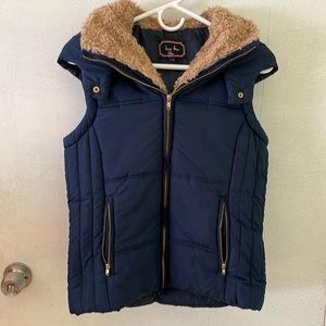 Love Tree- Large, blue zip down puffer vest with hood.